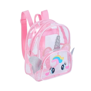 Détail du sac à dos licorne rose transparent avec ailes pailletées et grands yeux de dessin animé