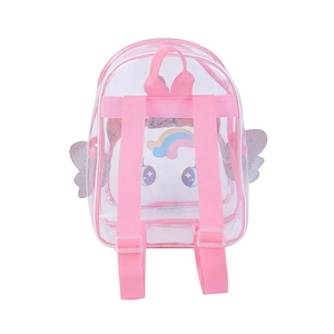 Vue arrière du sac à dos licorne transparent avec ailes argentées et bretelles roses