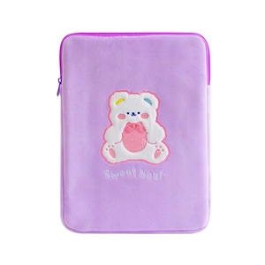 Cute purple plush iPad sleeve featuring sweet bear embroidery for 11 inch tablets