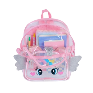 Détail du sac à dos rose transparent avec ailes à paillettes et motifs d'yeux de dessin animé