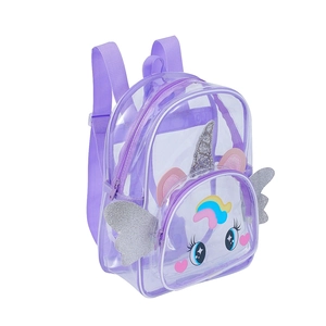 Détail du sac à dos licorne violet transparent avec corne et ailes scintillantes