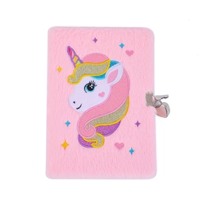 Pink plush unicorn A5 diary with heart-shaped metal lock and glitter embroidery