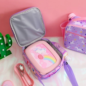 Paarse eenhoorn lunchtas met roze bento-box en bestekset voor kinderen en studenten