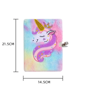 Plush unicorn diary with heart-shaped metal lock and rainbow fur, size 21.5x14.5cm