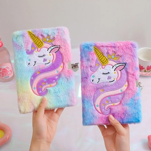 Plush unicorn diary with lock, colorful gradient soft faux fur cover for girls