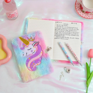 Rainbow plush unicorn diary set with heart-shaped metal lock and cute cartoon pens