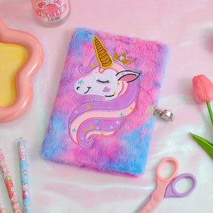 Detail of plush unicorn diary showing gradient fur texture and heart-shaped metal padlock