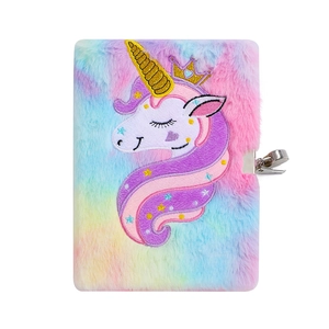 Rainbow plush unicorn diary for girls with golden sequin crown and silver lock