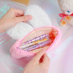 Cute pink plush rabbit pencil case with soft faux fur and large capacity for students