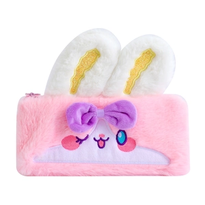 Cute pink plush rabbit pencil case with soft faux fur and cartoon bunny embroidery