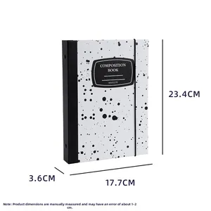 A5 binder size details 23.4x17.7x3.6cm with ink splash pattern and elastic strap