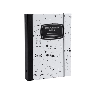 A5 loose-leaf binder with black ink splash pattern and elastic strap closure