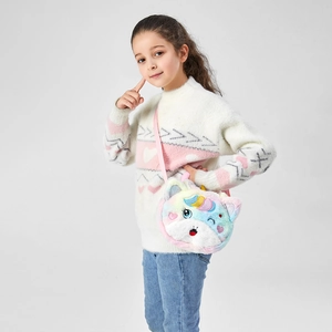 Cute kids unicorn plush crossbody bag with colorful faux fur and embroidery