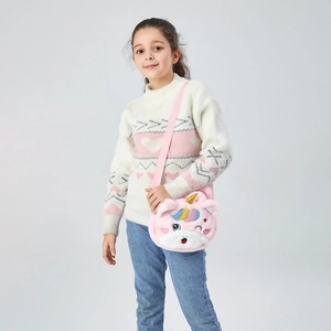 Pink plush unicorn crossbody bag for girls with adjustable strap and rainbow hair details