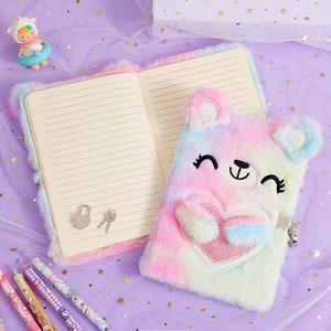 Carnet A5 ours en peluche avec couverture dégradée rose et serrure cœur en métal
