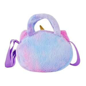 Detail of soft plush unicorn bag featuring gradient fur and golden sequin horn decor