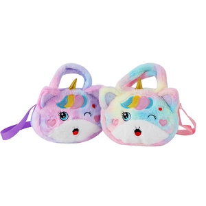 Kids plush unicorn crossbody bags in purple and iridescent colors for little girls