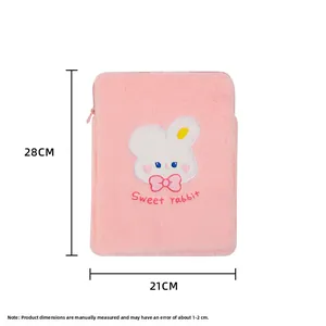 Pink plush 11 inch iPad sleeve with cute rabbit embroidery and size dimensions