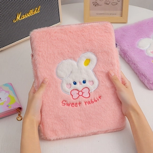 Pink plush tablet sleeve with cute white rabbit embroidery and Sweet Rabbit text details