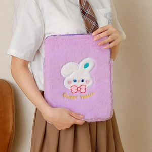Cute purple plush iPad sleeve with white rabbit embroidery and soft fuzzy texture