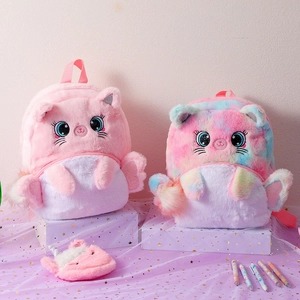 Sac à dos chat en peluche pour enfants avec oreilles 3D et fausse fourrure rose et arc-en-ciel