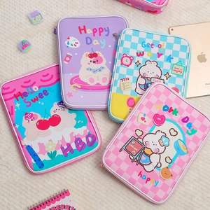 Cute Cartoon PU Leather Tablet Sleeve Zippered Protective Laptop Bag For iPad Girls Checkerboard Rabbit Bear Pattern