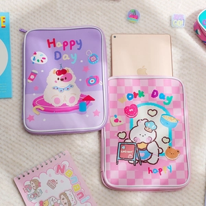 Detail of cute purple and pink PU leather iPad sleeves with bear and bunny cartoon patterns