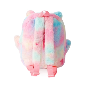 Vue arrière du sac à dos licorne en peluche arc-en-ciel avec bretelles roses réglables