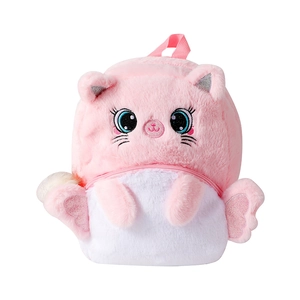Détail frontal du sac à dos licorne en peluche avec ailes pailletées et grands yeux