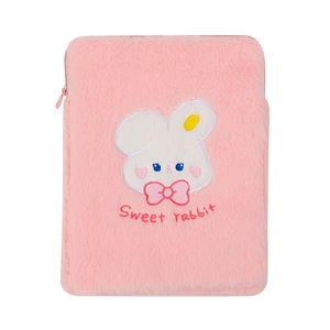 Pink plush tablet sleeve with sweet rabbit embroidery and 3D bow for 11 inch iPad