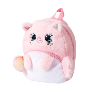 Détail d'un sac à dos chat en peluche rose avec yeux brillants et oreilles pailletées