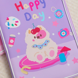 Close-up of a purple PU leather iPad sleeve with Happy Day bear pattern and cross-texture