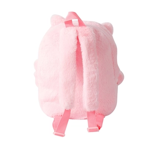 Détail du sac à dos licorne en peluche rose montrant les bretelles et la poignée