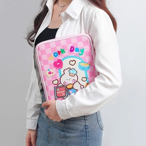 Pink checkerboard iPad sleeve with cartoon bear and Work Day print for 11 inch tablet