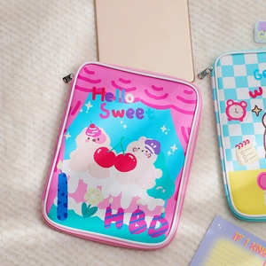 Pink cartoon PU leather iPad sleeve featuring bear and cherry patterns with zip closure
