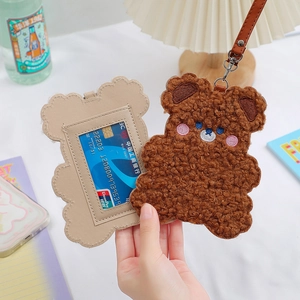 Lindo tarjetero de oso de peluche marrón con cordón de cuero para carnet de estudiante
