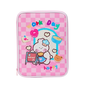 Cute pink checkered PU leather iPad sleeve with cartoon bunny and sweets illustration