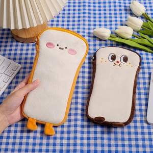 Cute plush toast pencil case with 3D legs and embroidered faces in yellow and brown