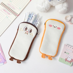 Detail of cute toast plush pencil cases with embroidered facial expressions and zipper