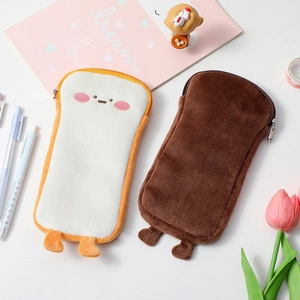 Cute toast plush pencil case with embroidery details in beige and brown colors