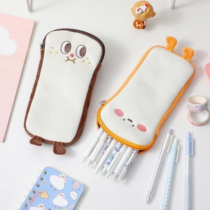 Detailed top view of cute plush toast pencil cases with soft texture and high capacity
