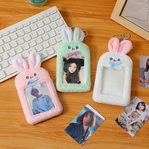 Cute plush bunny card holders in pink, mint, and white with bows for student photo cards