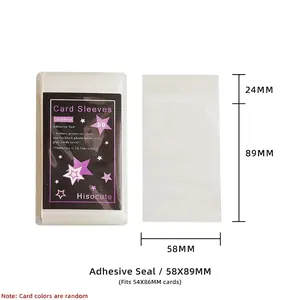 58x89mm clear protective card sleeves showing size details and self-adhesive seal
