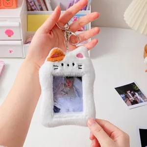 Porte-carte photo chat en peluche blanche avec porte-clés pour sacs d'étudiants