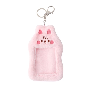 Porte-carte photo en peluche rose avec porte-clés métallique pour décoration de sac