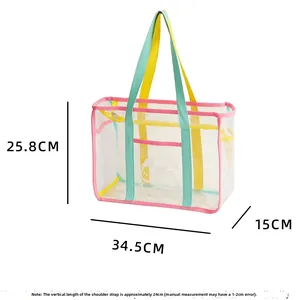 Detailed view of transparent PVC beach bag dimensions with colorful strap handles
