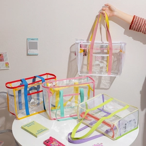 Cute transparent PVC beach tote bags with mesh patchwork and cloud print for outdoor camping