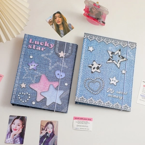 A5 Losbladig Fotoalbum Denim Textuur Sterpatroon K-pop Fotokaarten Verzamelmap 6 Ringen Meisjes Cadeau Schrijfwaren Opbergmap