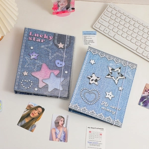 Retro denim textuur A5 fotoalbum met elastische band en sterren borduursel decoratie