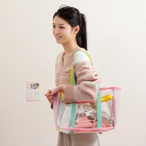Transparent PVC tote bag with colorful straps and Hiso cute logo for beach and travel